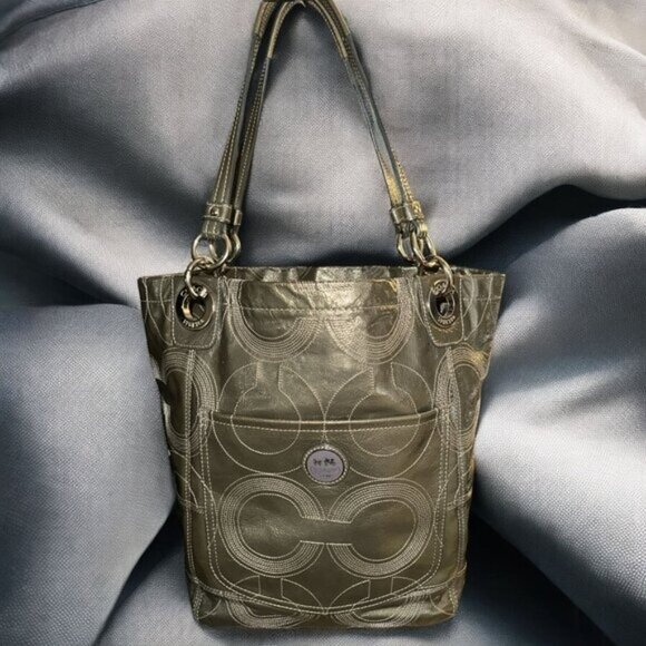Coach Purse Womens Large Gray Patent Leather Op Art C Stitch Alex Tote 14265 - Picture 1 of 11